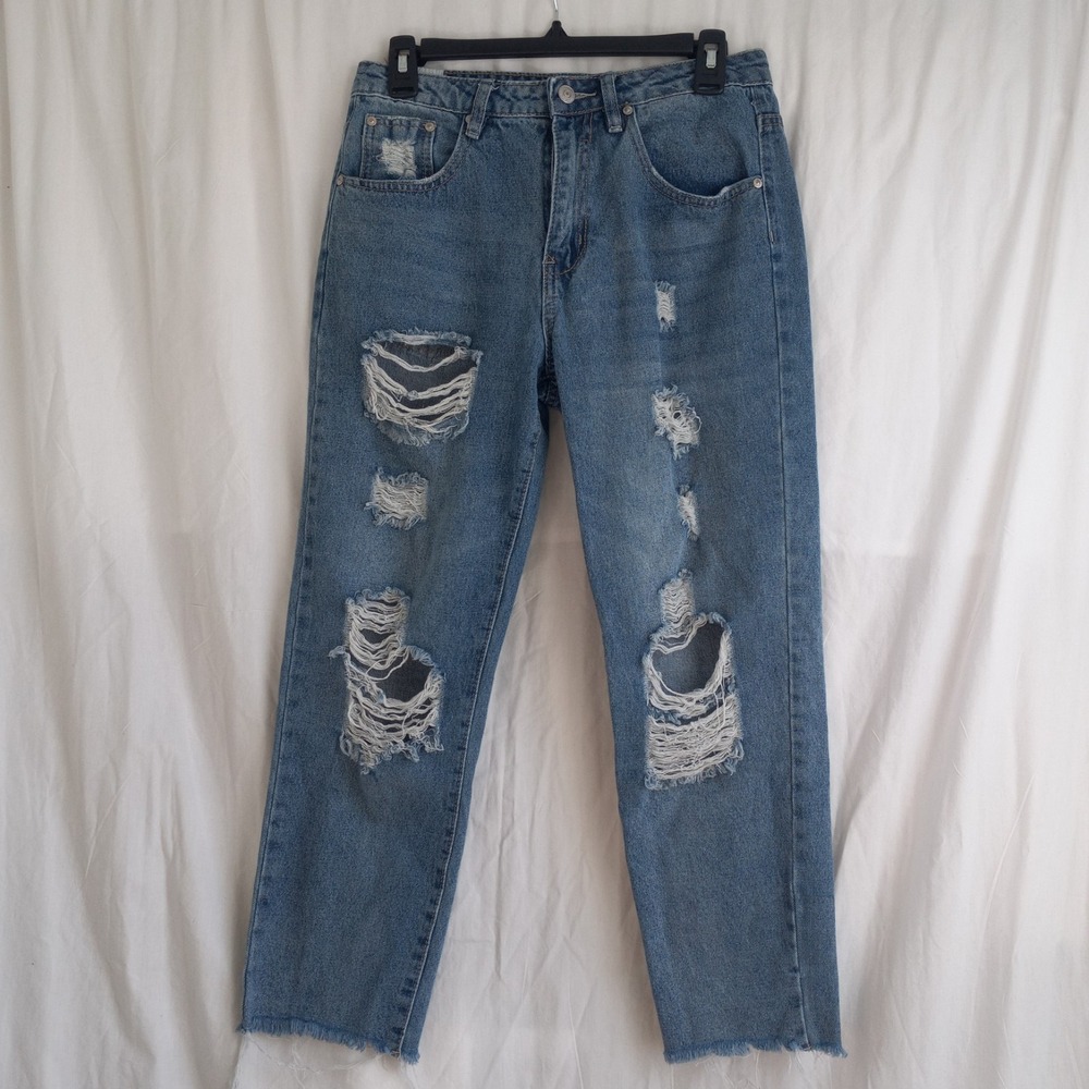 Almost Famous Y2K Straight Cut Jeans Size 5‎ Blue Distressed High Rise Ripped